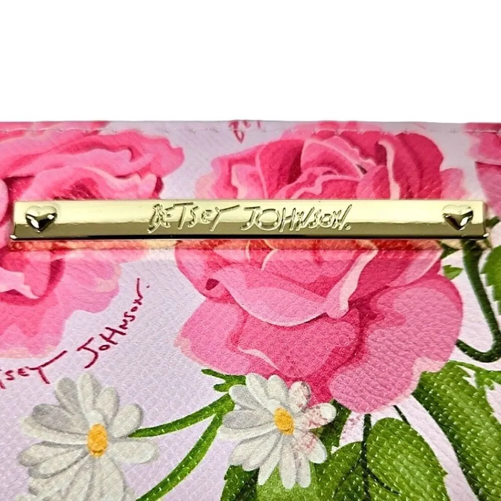 NWT Betsey Johnson Pink & White Floral Bohemian Wristlet around Gold Zip Wallet